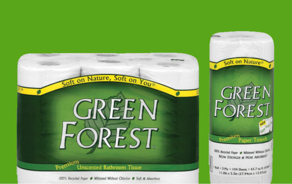 Image of Green Forest Toilet Paper beside paper towel.