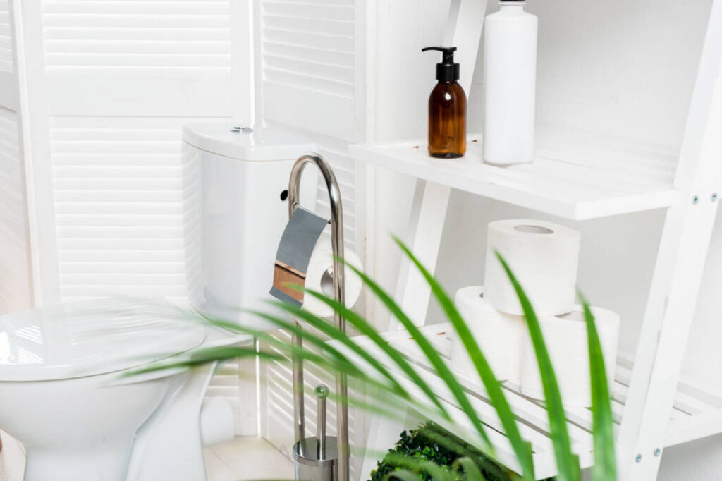 Image of an all white bathroom with toilet, shelves, and plant.