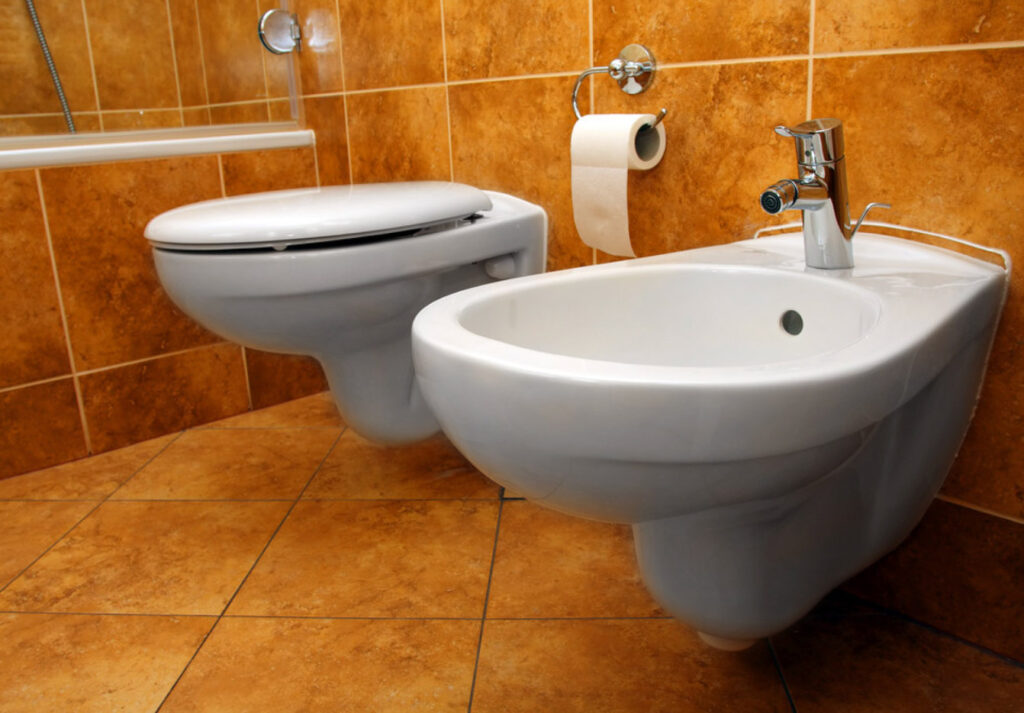 Image of a stand-alone bidet and toilet together in a washroom with rust coloured tile. Bidets can help reduce water use over time compared to toilet paper. 