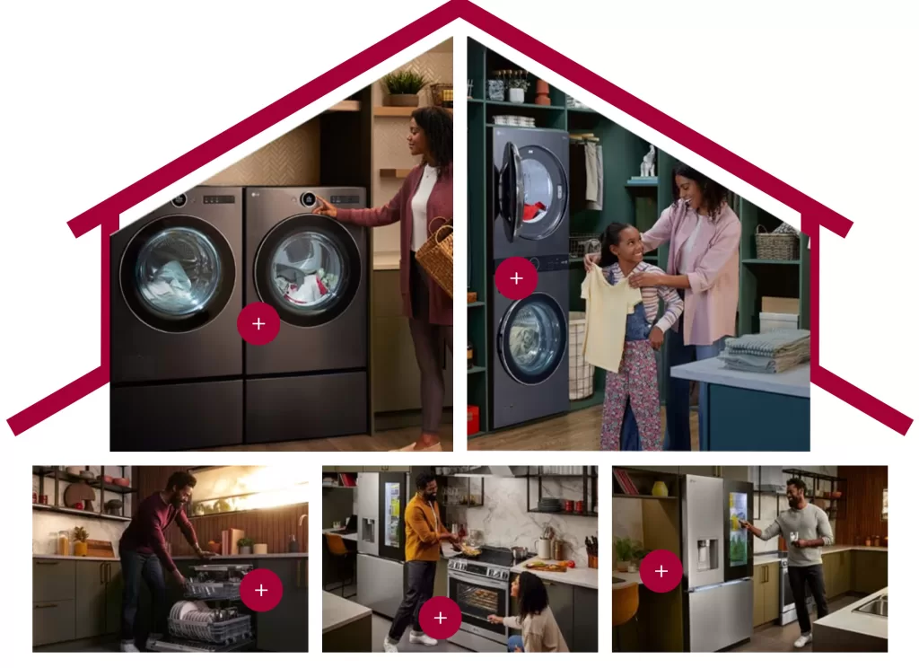 A collage of images  in the shape of a house of people using LG appliances at home. LG is ranked number one for eco-friendly appliances.