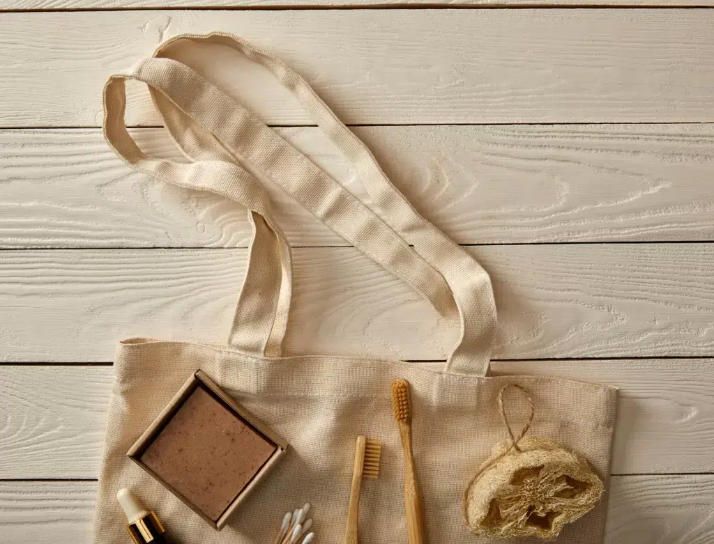 Bird's-eye image of a reusable cotton bag with a number of reusable, plastic-free items layered on top.