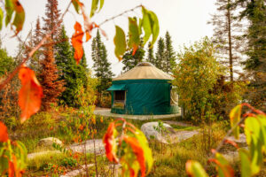 Image of a green coloured yurt amidst brightly colored fall foliage. Bringing earth-friendly camping essentials on your outdoor adventures can help you be more eco-friendly.