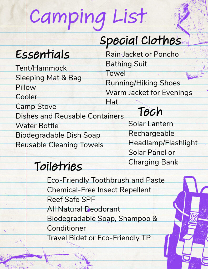 Image of a packing list for your next camping trip including the sustainable camping essentials you'll need to create a sustainable camping experience!