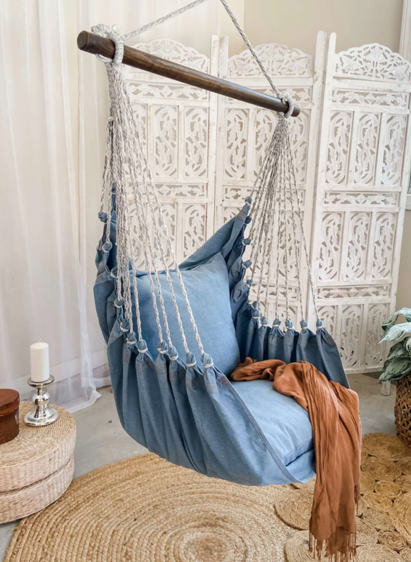Image of a hammock fro mLimbo Imports made from upcycled denim.