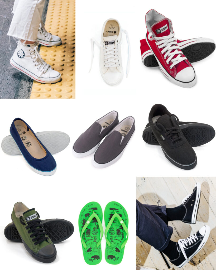Image of multiple pairs of affordable earth-friendly shoe choices from Etiko.