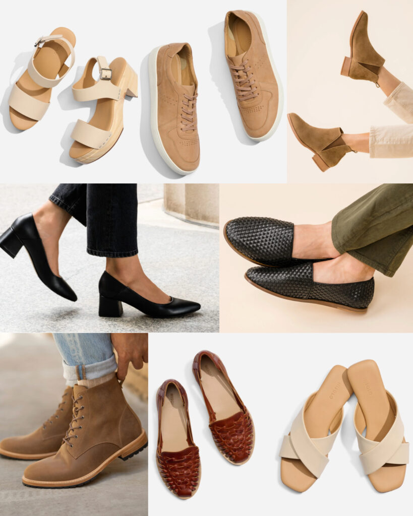 Image of 8 different pairs of footwear from economically viable and eco-friendly shoe brand Nisolo.