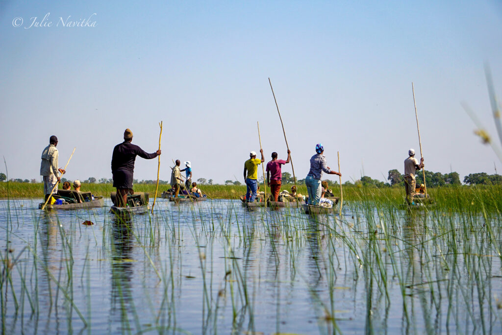Image of traditional pole canoers in the Okavango Delta of Botswana. Choosing an eco-friendly water activity while traveling is a sustainable option.