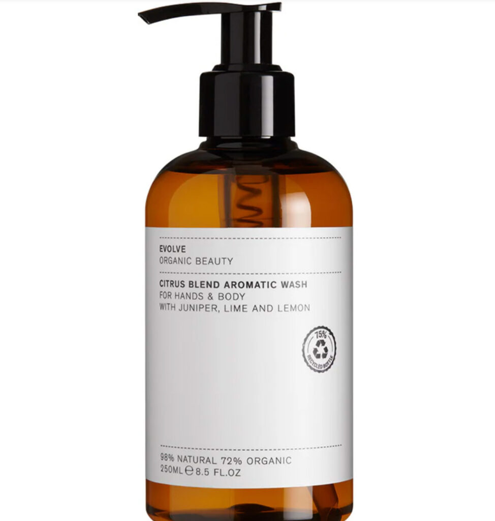 Image of the citrus aromatic body wash from Evolve. Add some toxic-free body wash to your routine!