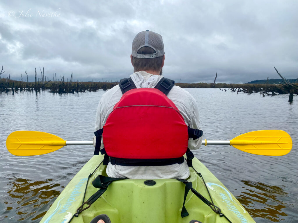 Image of a man kayaking wearing a PFD, taken from behind. Practice sustainable watercraft and boating activities for eco-friendly water recreation.