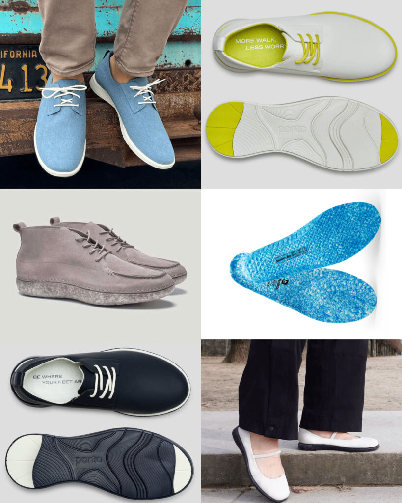 Image of six pairs of footwear by reasonably priced green shoe brand, Ponto.