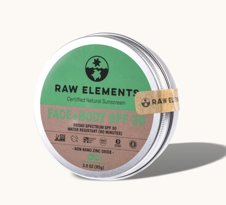 Face and body Sunscreen SPF 30 from Raw Elements. Non nano zinc sunscreen in a reusable or recyclable tin is great for sustainable travel. 