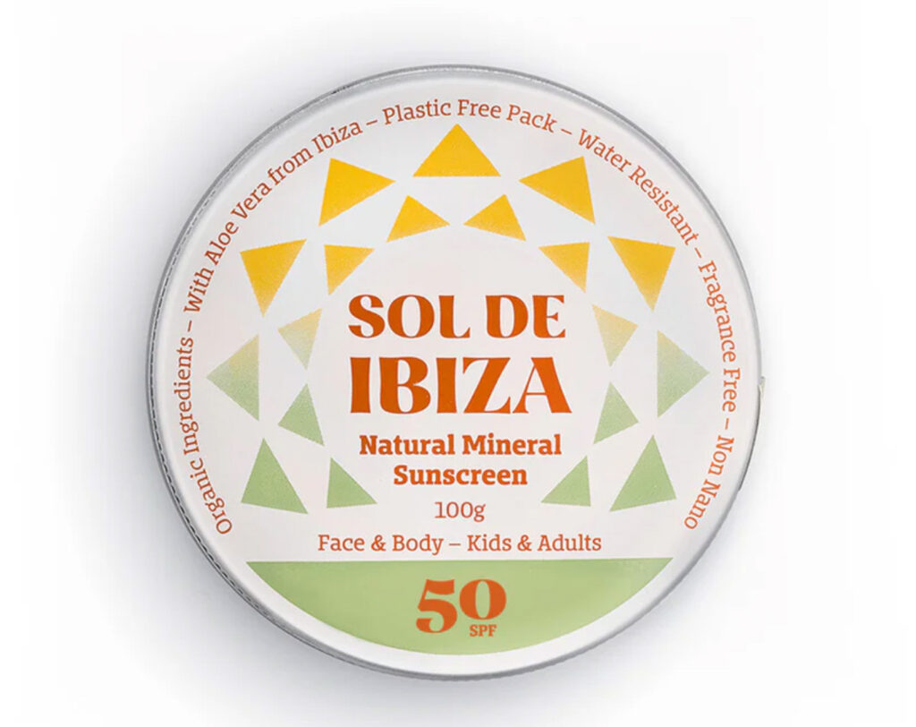 Face & Body Plastic Free Tin SPF50 from Sol de Ibiza. Reef-safe sunblock in a recyclable or reusable tin is perfect for travel.