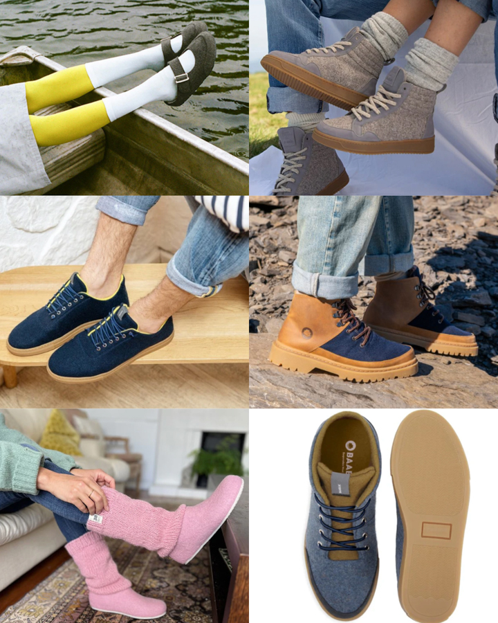 Image of a variety of eco-friendly wool footwear made by Baabuk.