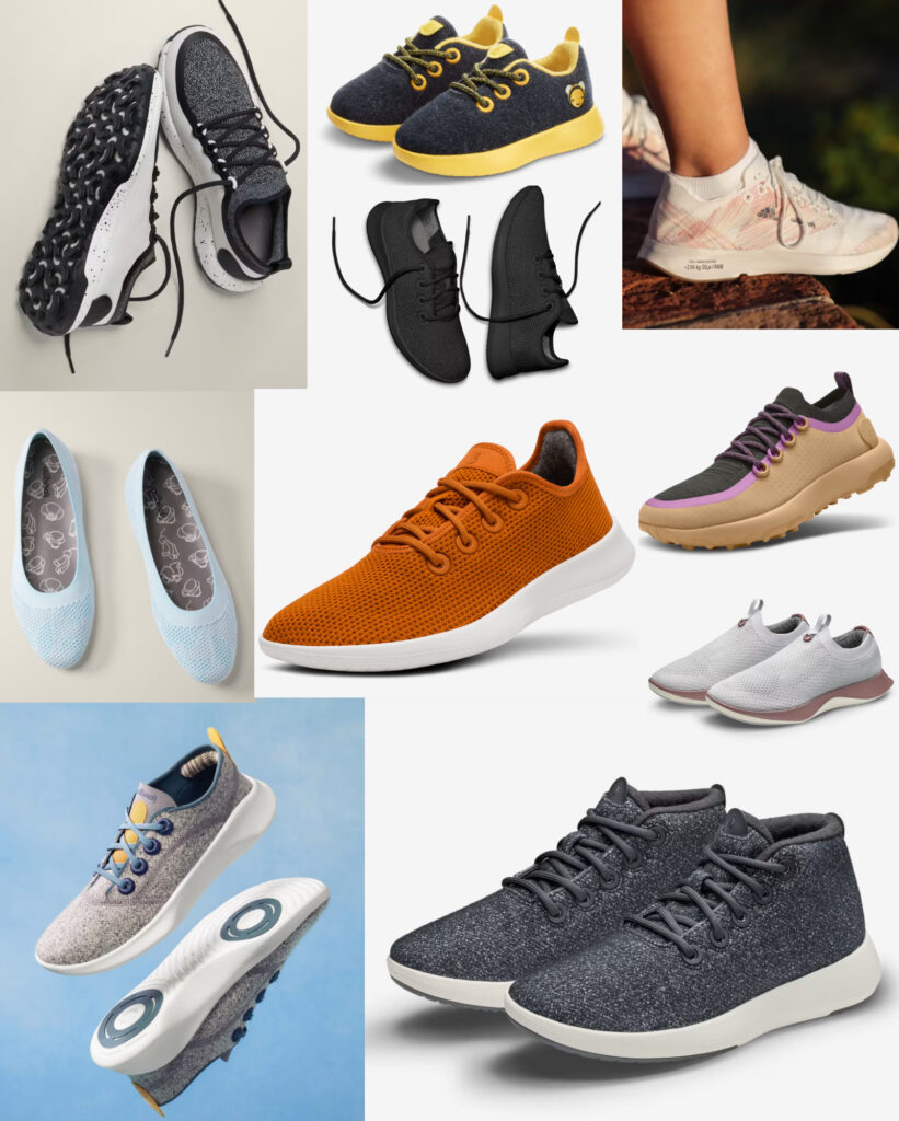 Image of ten pairs of men's and women's sustainable shoes by Allbirds.