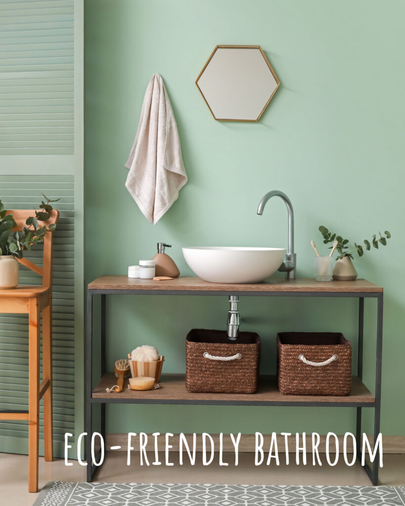 Image of a green bathroom with the title "eco-friendly bathroom" overlaid.