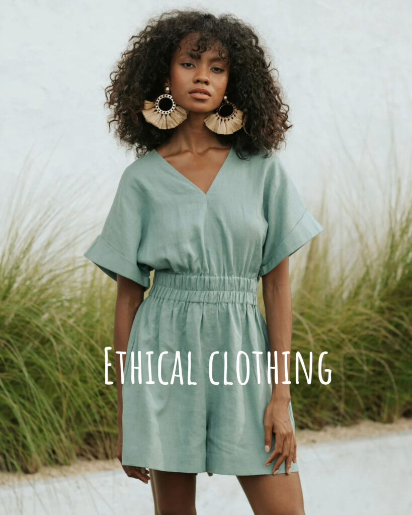 Image of a woman wearing an seafoam green jumper and fashion earrings with tall grasses in the background with the title "ethical clothing brands" overlaid.