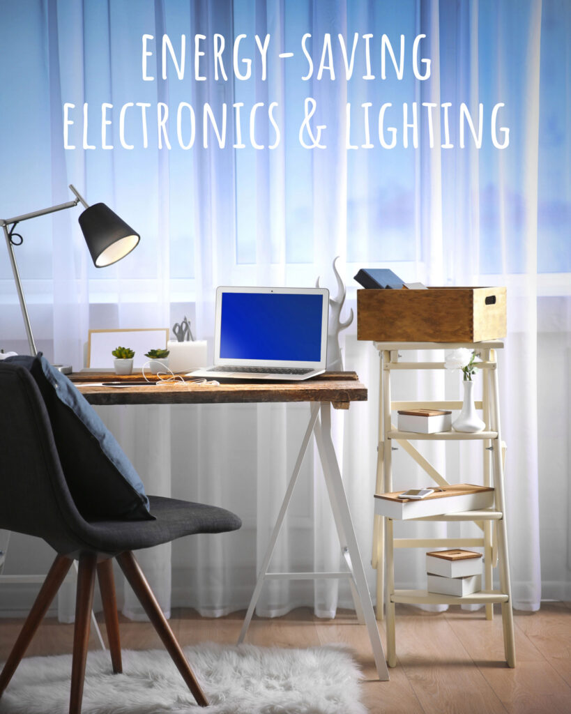 Image of a desk with laptop, lamp, and various other accessories with the title "energy-saving electronics & Lighting" overlaid.