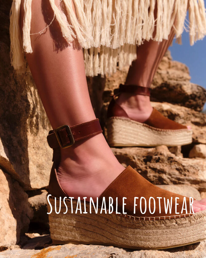 Image of a foot wearing a platform strapped sandal with the title "sustainable footwear" overlaid.