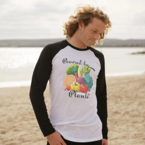 Image of a model wearing the Powered by Plants Baseball Tee