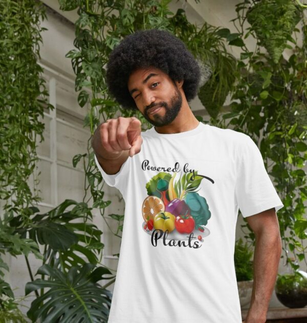 Image of a model wearing the Powered by Plants Tee in White