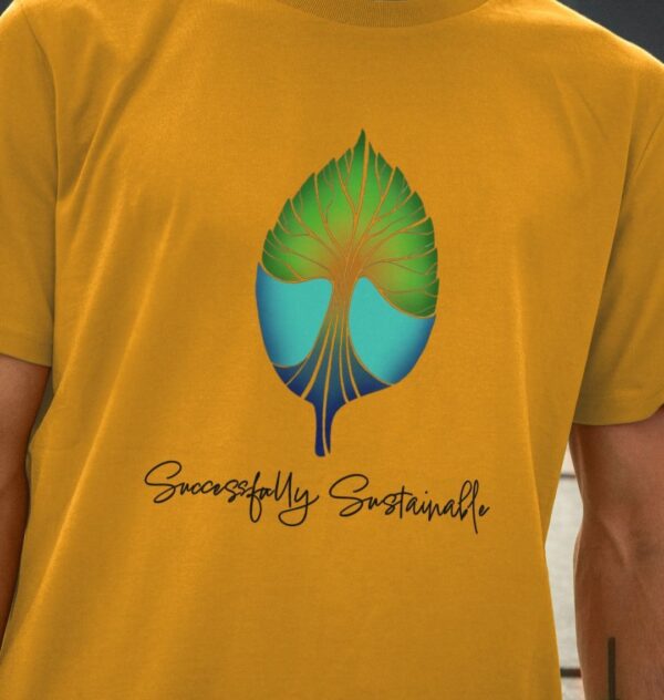 Close up image of a model wearing the Successfully Sustainable Tee in Athletic Mustard