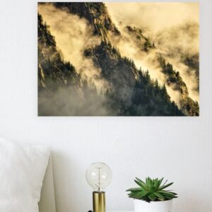 Image of the Misty Mountain Morning print hung over an end table.