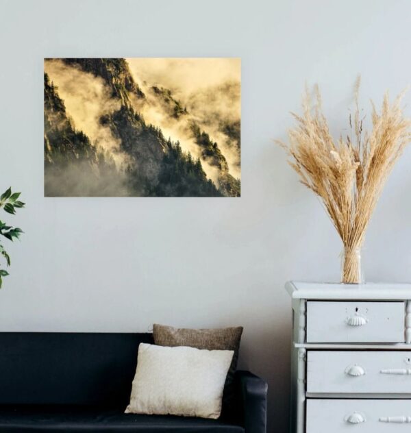 Image of the Misty Mountain Morning print hung over a sofa.