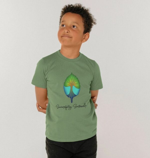 Image of a model wearing the Successfully Sustainable Kids Tee in Sage Green.