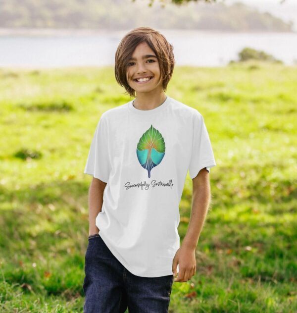 Image of a model wearing the Successfully Sustainable Kids Tee in White.