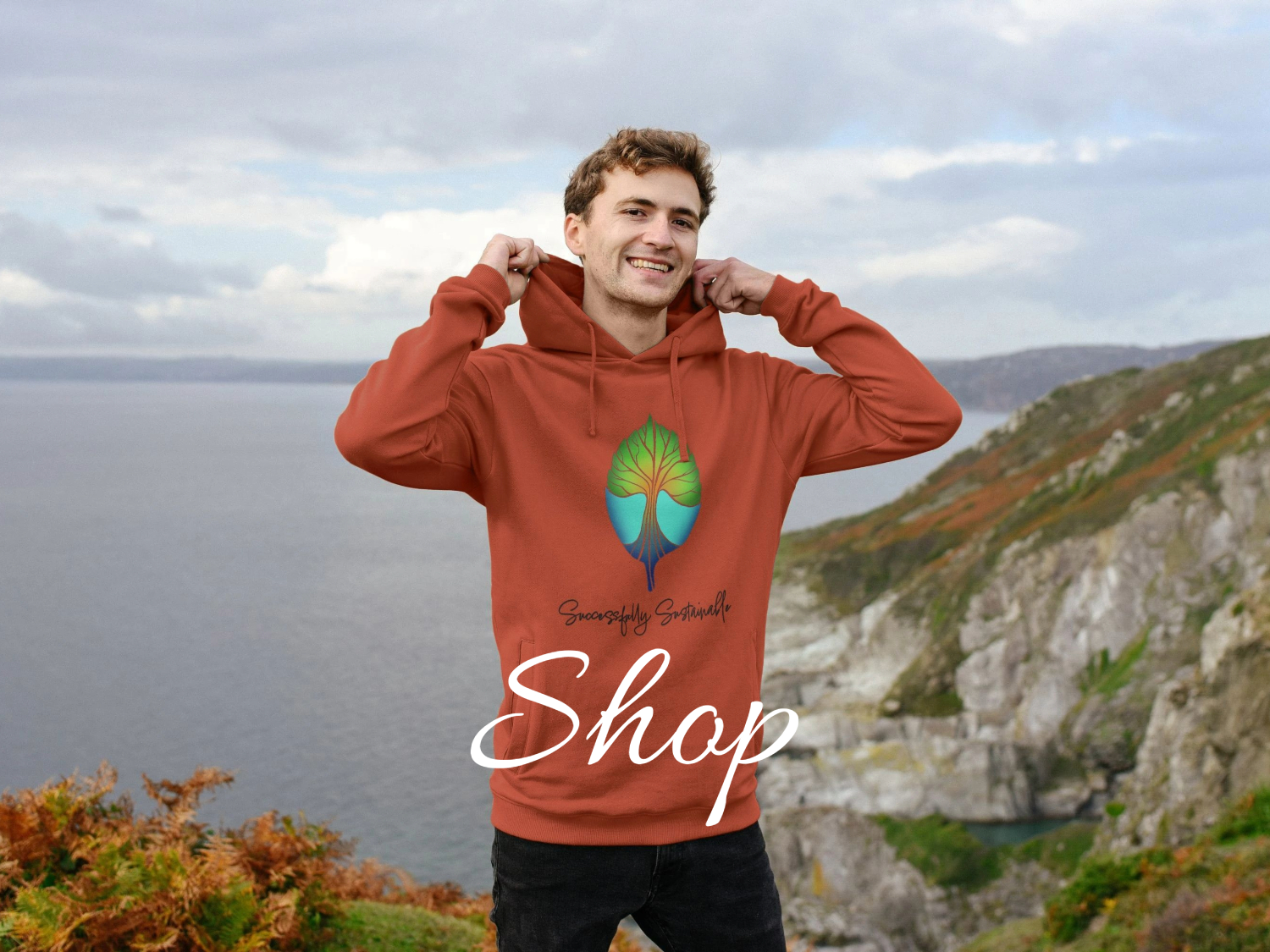 Image of a model wearing the Successfully Sustainable hoodie in Rust