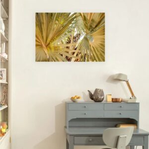 Image of the Under the Palms print on a wall above an desk.