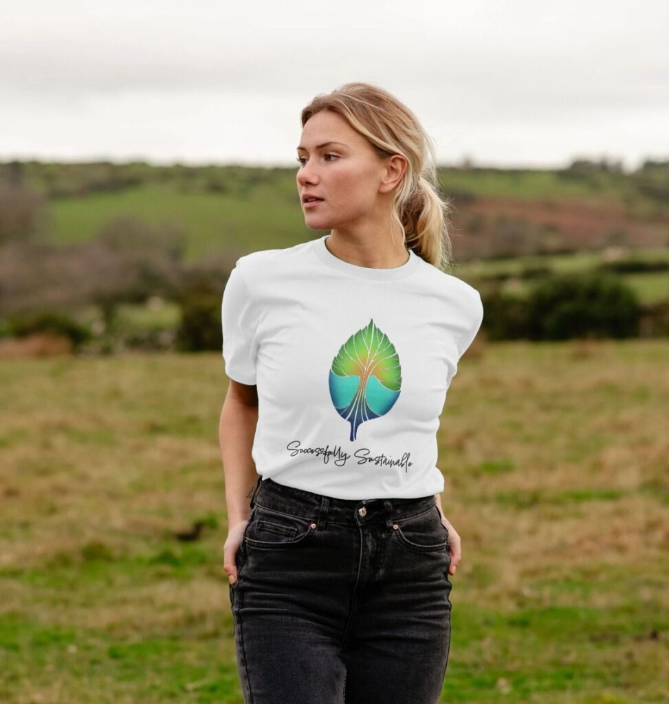 A model wears the "Successfully Sustainable" organic cotton t-shirt in white.