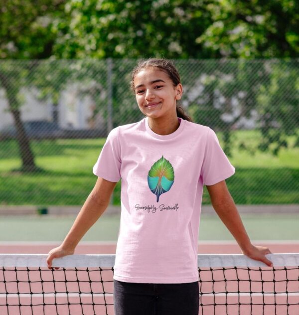 Image of a model wearing the Successfully Sustainable Kids Tee in Pink.