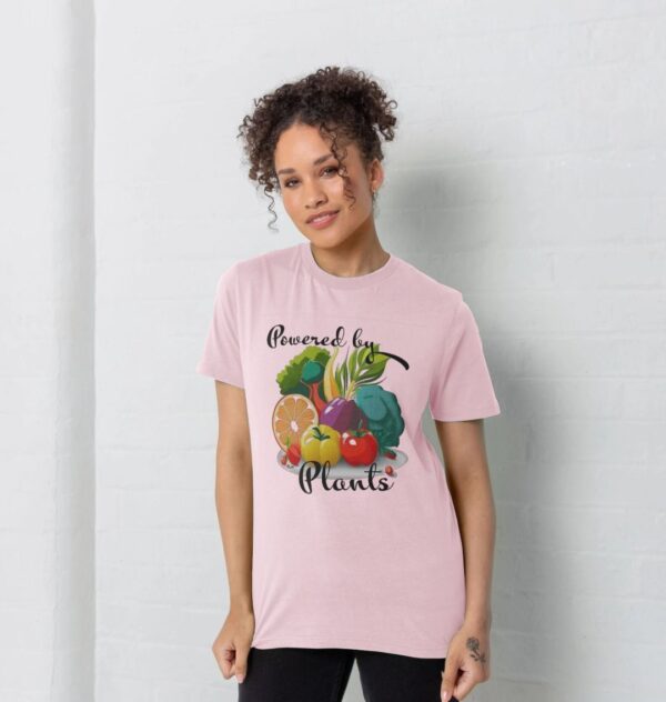 Image of a model wearing the Powered by Plants Tee in Pink