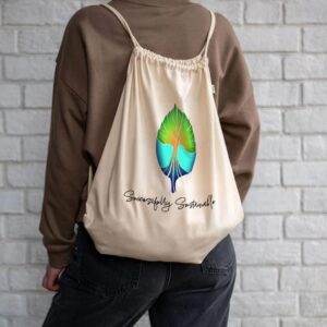 Image of a model holding the Successfully Sustainable string bag.