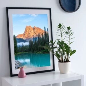 Image of the Alpine Glow print framed on a shelf.