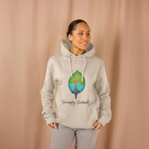 Image of a model wearing the Successfully Sustainable hoodie in Oat.