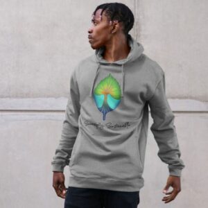 Image of a model wearing the Successfully Sustainable hoodie in Heather.