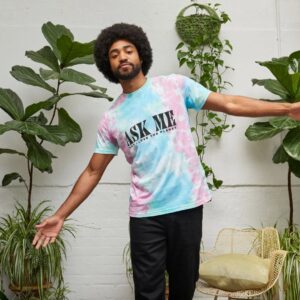 Image of a model wearing the tie-dyed Planet Lover Tee