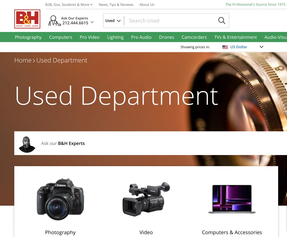 Image of the homepage of the website for B&H electronics, an eco-friendly alternative to Amazon.