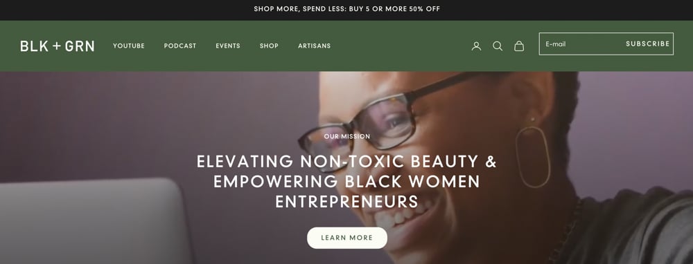 Image of the homepage of the website for BLK + GRN, a black-owned and operated eco-friendly E-commerce platform.