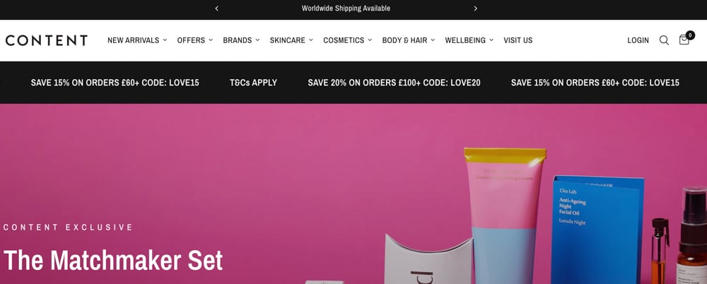 Image of the homepage of the website for Content, an ethical e-commerce site for health and beauty products. 