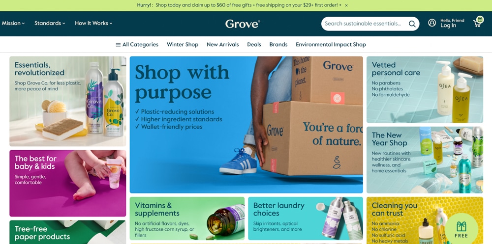 Image of the homepage of the website for Grove Collaborative, an eco-friendly alternative to amazon.