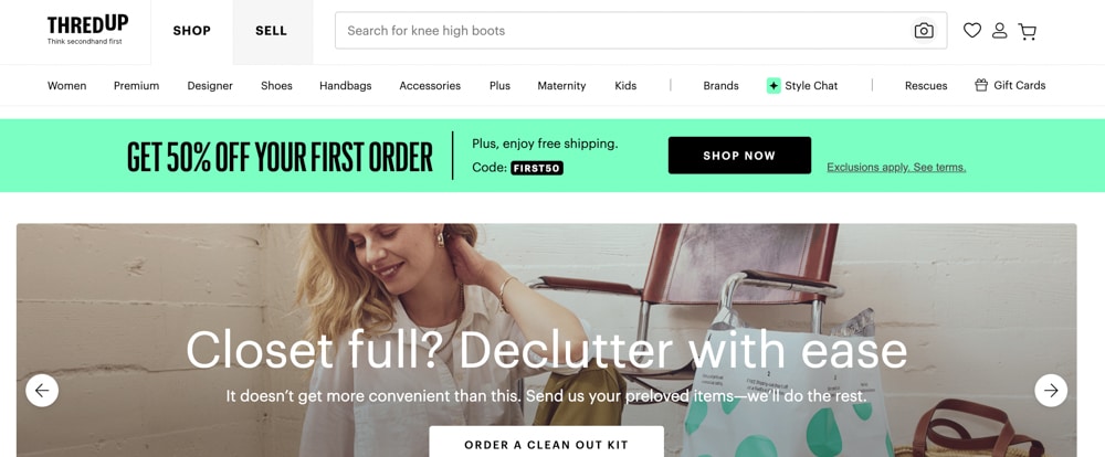 Image of the homepage of the website for Thredup, an eco-friendly alternative to amazon for clothing.