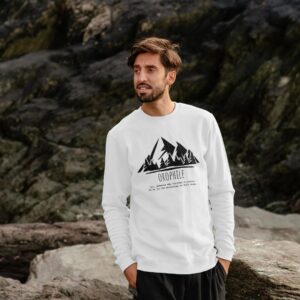 Image of a model wearing the "Mountain Lover Crewneck" in White.