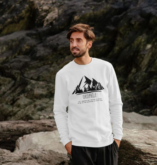 Image of a model wearing the "Mountain Lover Crewneck" in White.