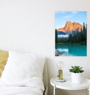 Image of the "Alpine Glow" photography print hung over an end table.