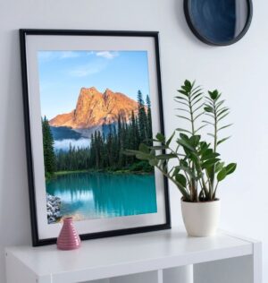 Image of the "Alpine Glow" photography print on a shelf.