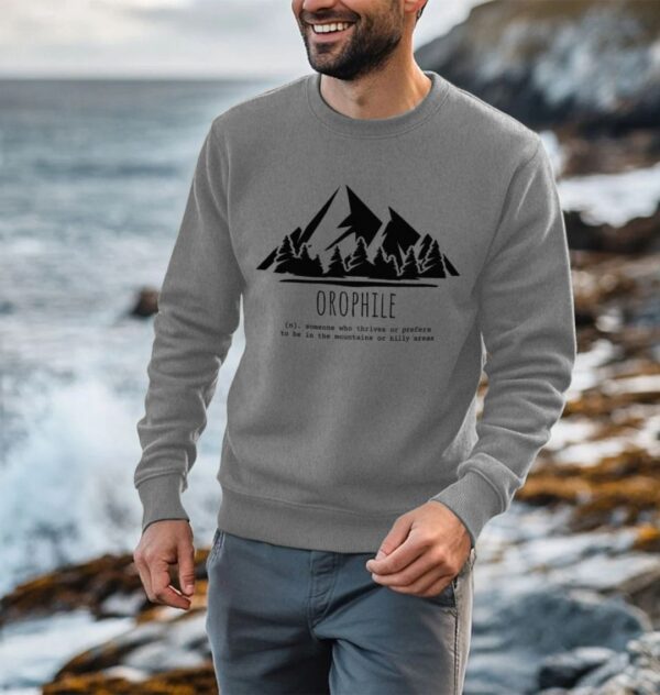 Image of a model wearing the "Mountain Lover Crewneck" in Grey.