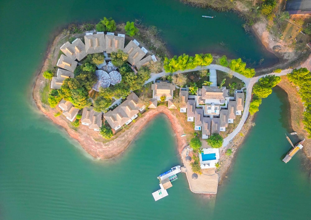 Image of Sanctuary Nam Ngum Beach Resort just outside of Van Vieng, Laos taken from above.
